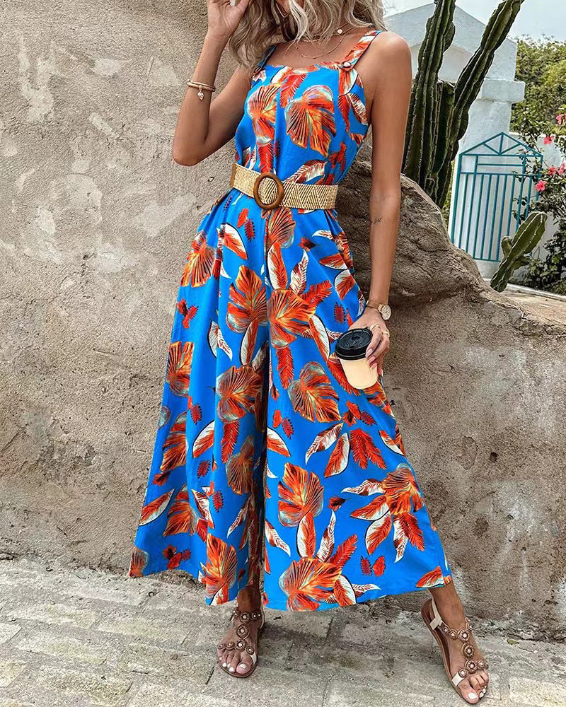 Women Printed Sleeveless Jumpsuit with Belt 3