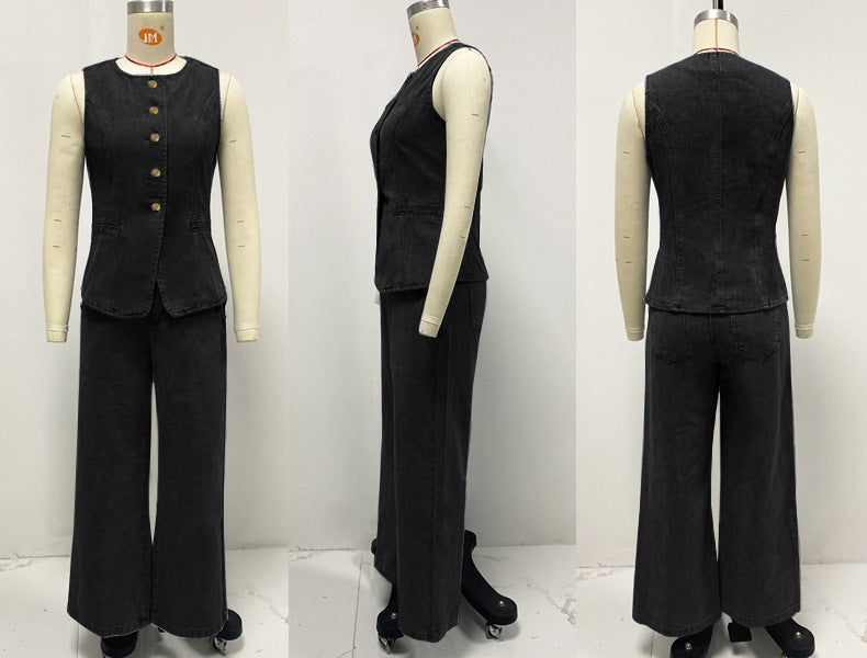 Fashion Chic Button Sleeveless Vest Wide Leg Denim Pants Two Piece Set 15