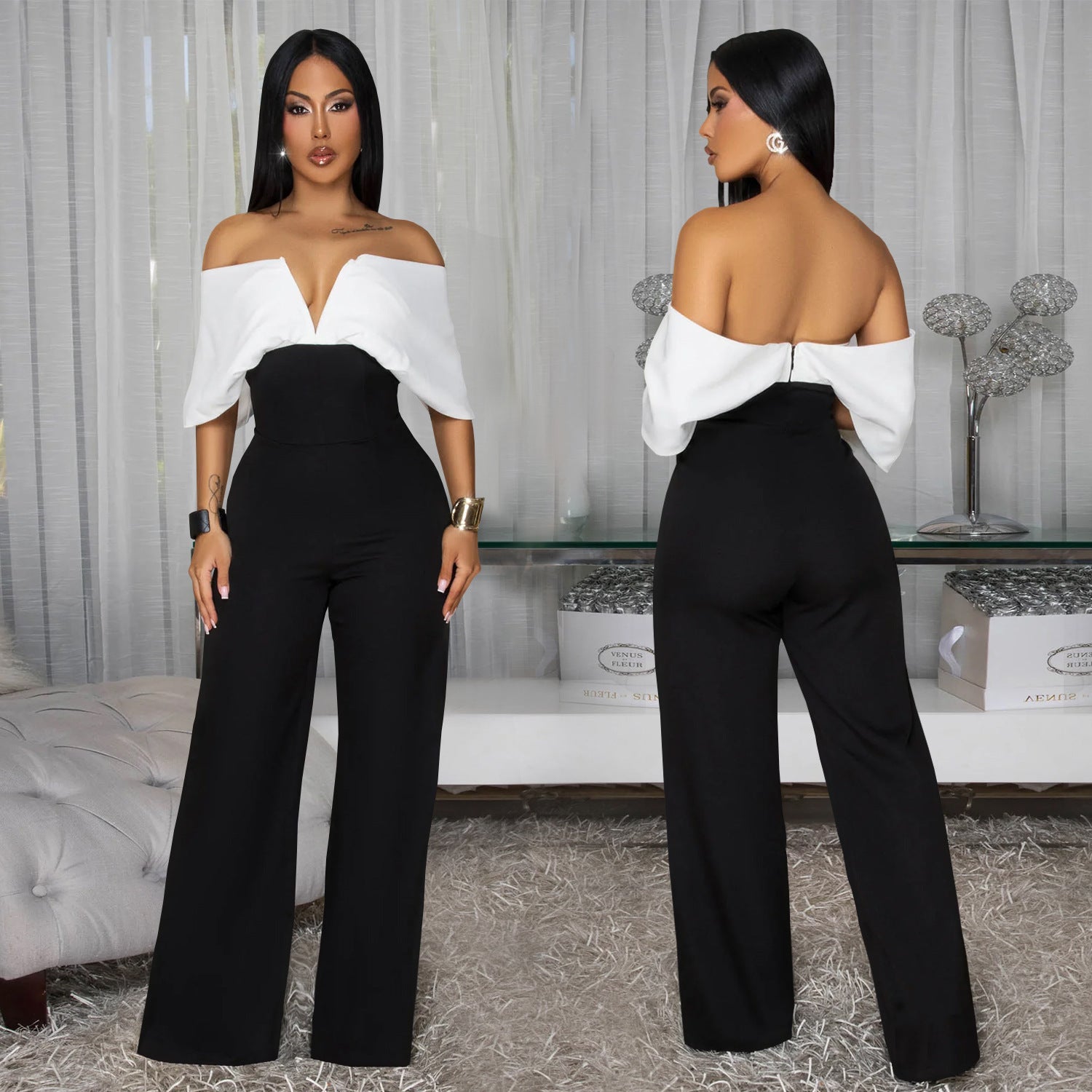 Women Casual V-Neck Backless Wide-Leg Jumpsuit 3