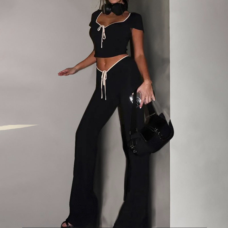 Women Autumn Sexy Crop Top Drawstring Wide-Leg Pants Two Piece Set 3
