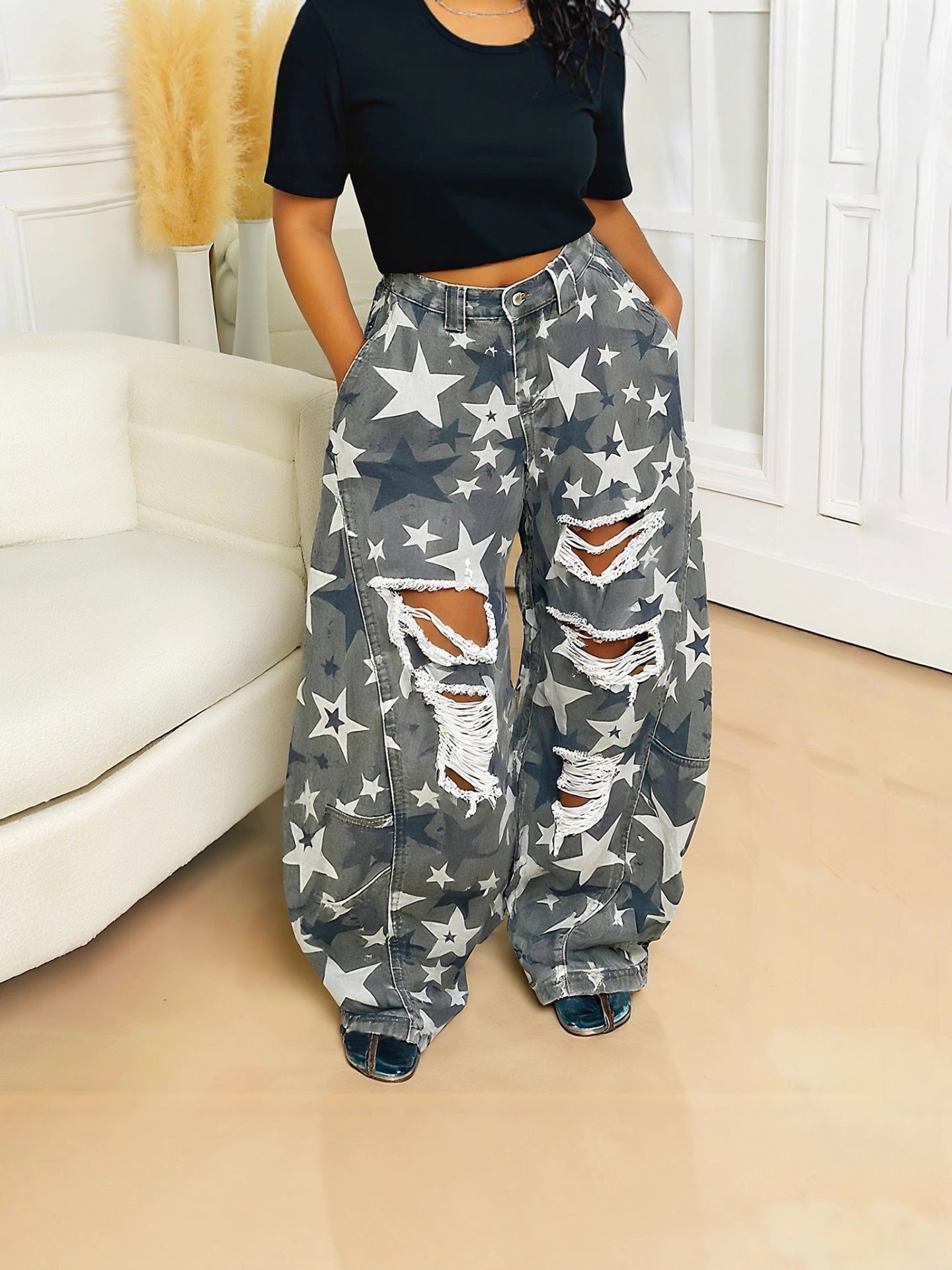 Washed Camo Star Ripped Denim Pants 5