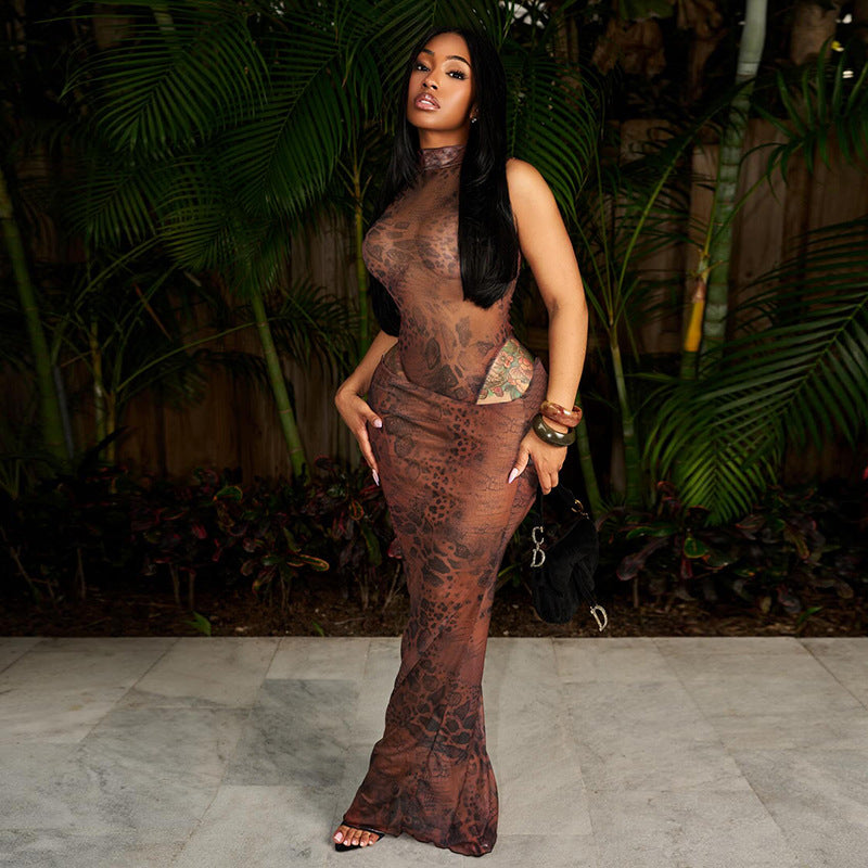 Women's Leopard Print Mesh High-Neck Sleeveless Bodysuit with Diagonal Waist Skirt Set