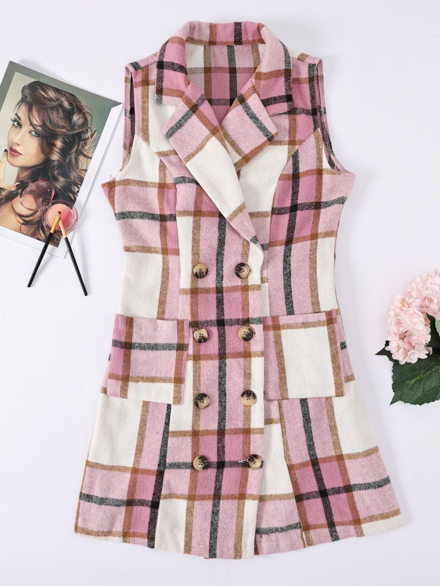 Women's Fashion Plaid Long Vest Turndown Collar Sleeveless Blazer 19