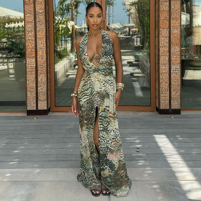 Women Halter Neck V Neck Backless slit abstract print Maxi Dress