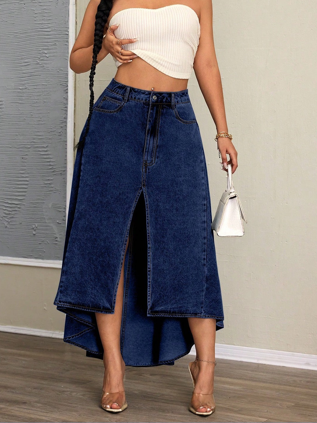 Women's Irregular Elegant Slit Denim Long Skirt 7