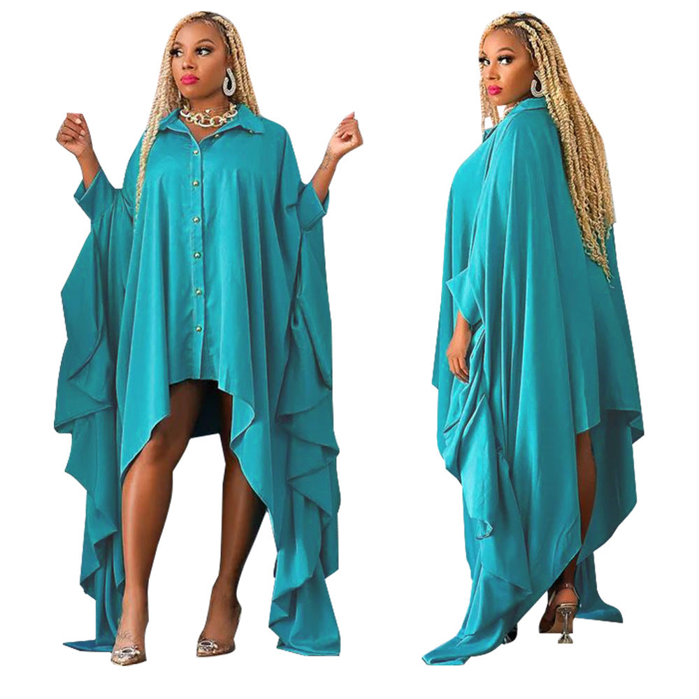 Women's Solid Fall Plus Size Cover Up Irregular Bat Sleeves Dress 8