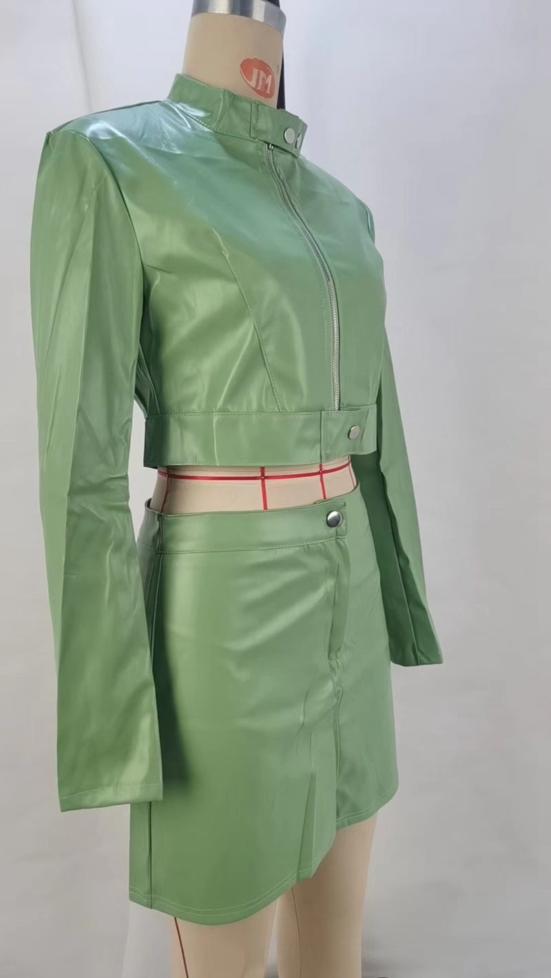 Women's Autumn Fashion Long Sleeve Crop Zipper Pu Jacket Bodycon Skirt Set for Women 15