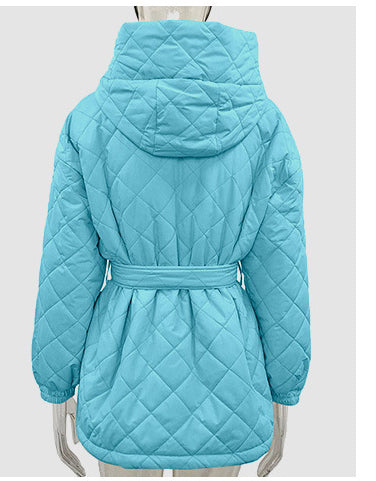 Women's Winter Clothes Slim Fit Lace-Up Turndown Collar Long Sleeve Long Style Hooded Cotton-Padded Jacket 17