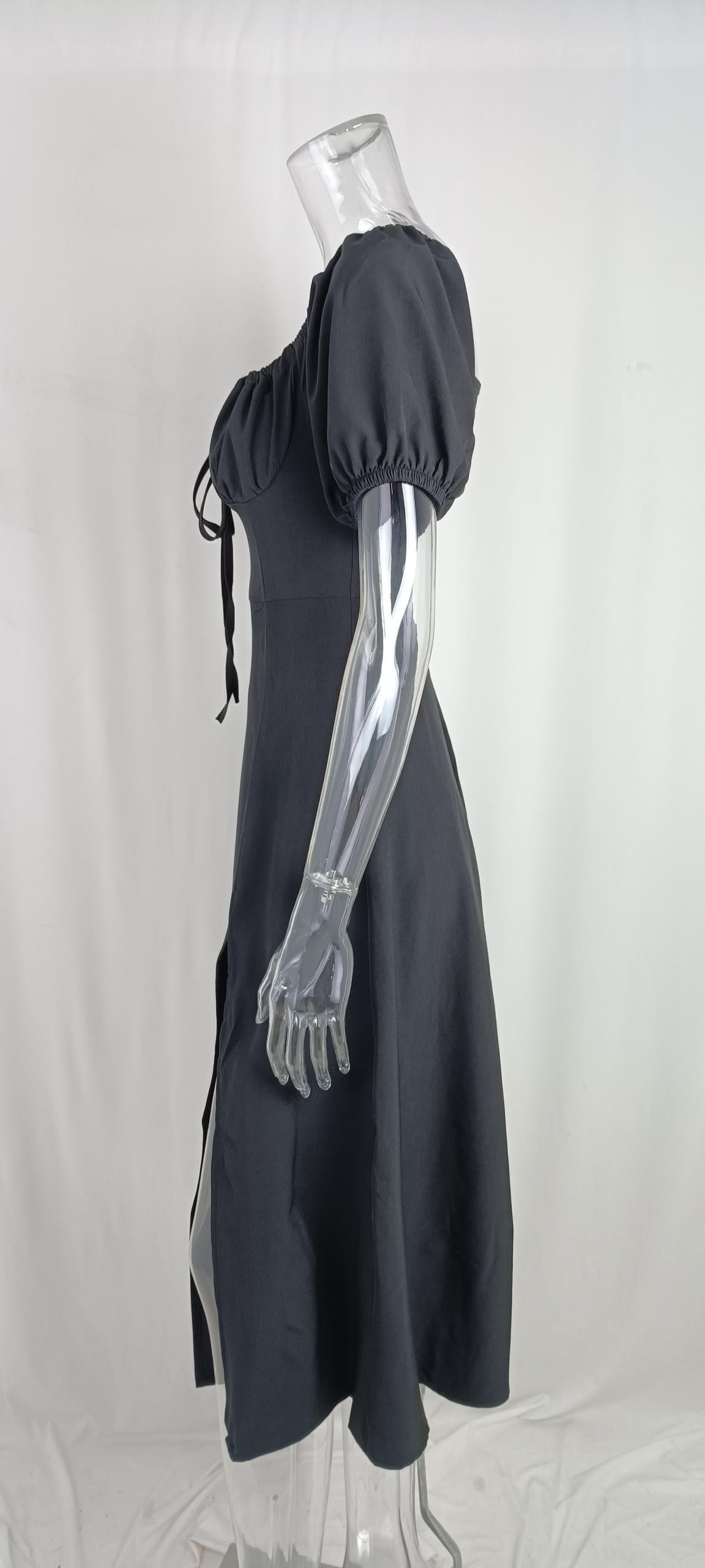 Spring Summer Dress Women's Slimming Off Shoulder Puff Sleeve Tie Slit Long Dress 19