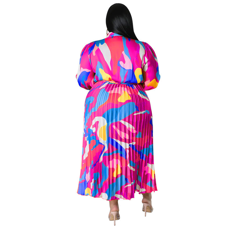 Plus Size Women Lace-Up Long Sleeve Printed Pleated Dress 32