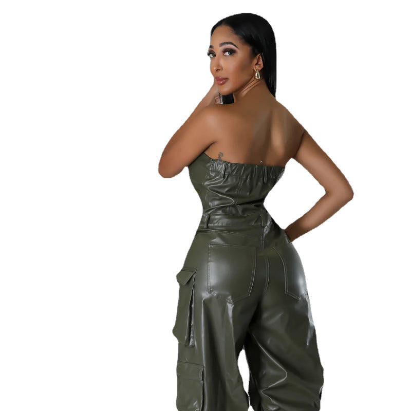 Women's Strapless Low Back Slim Fit Trendy Pocket Jumpsuit 14