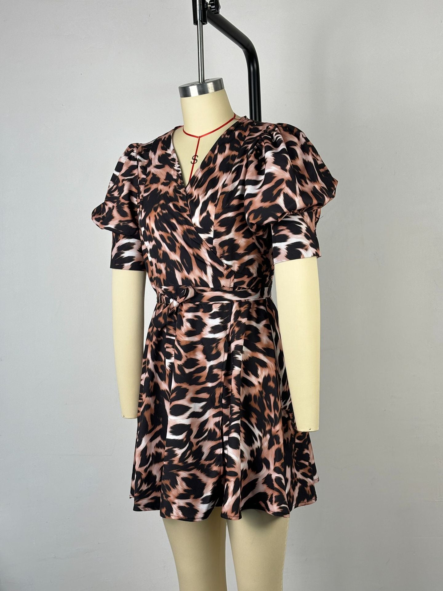 Women V-Neck Lace Leopard Princess Sleeve Dress 7