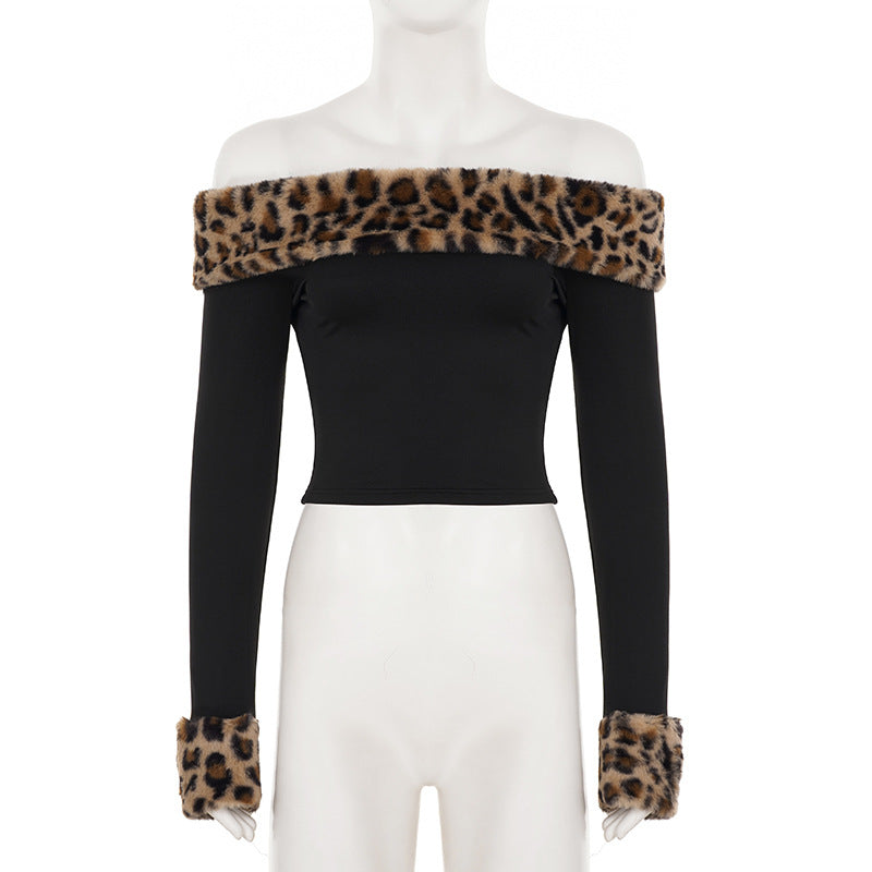 Women Fall/Winter Fuzzy Leopard Print Off-The-Shoulder Long-Sleeved Patchwork Casual Pants Two-Piece Set 18