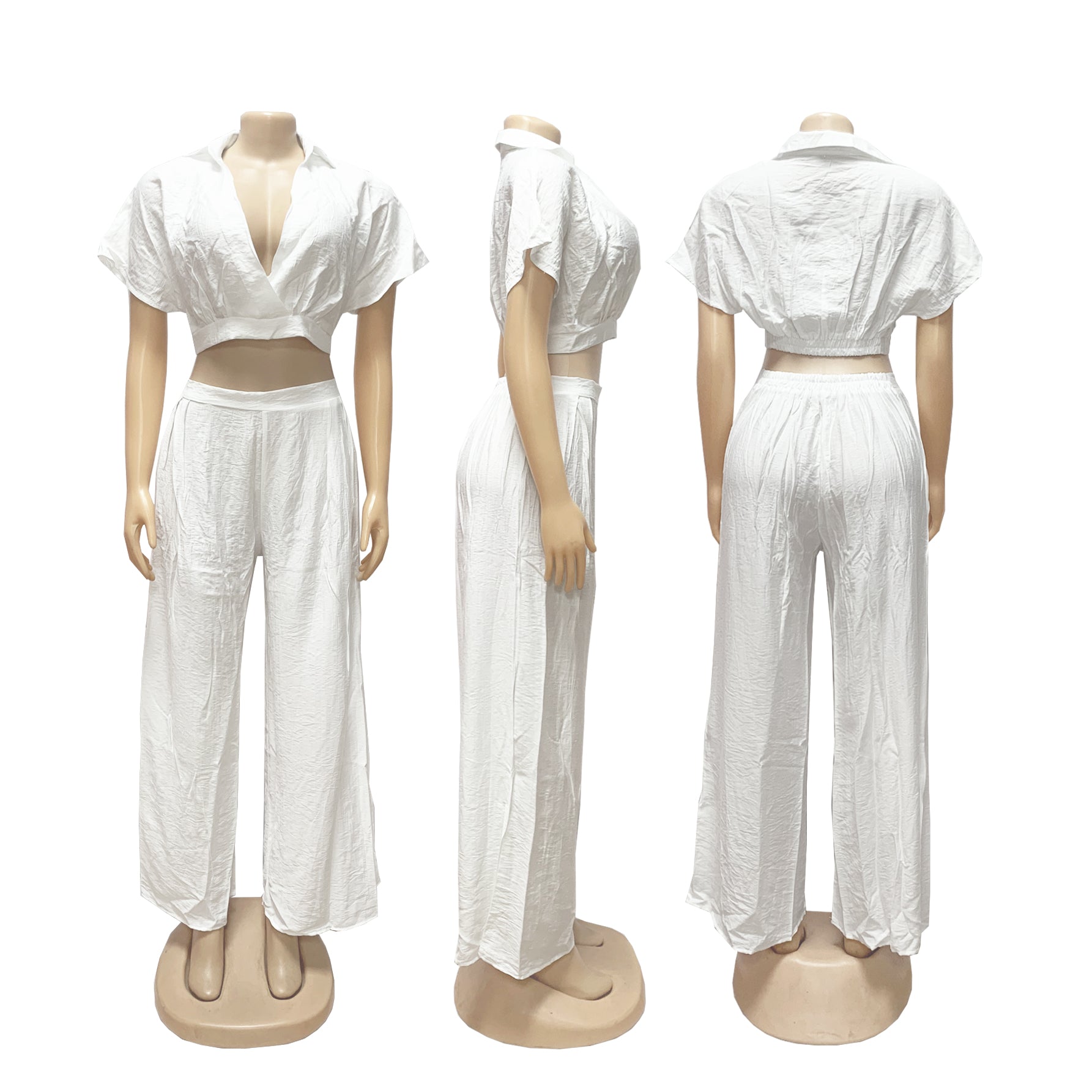 Women Casual Holidays Summer Turndown Collar Short Top & High-Waist Wide-Leg Pants Set 24