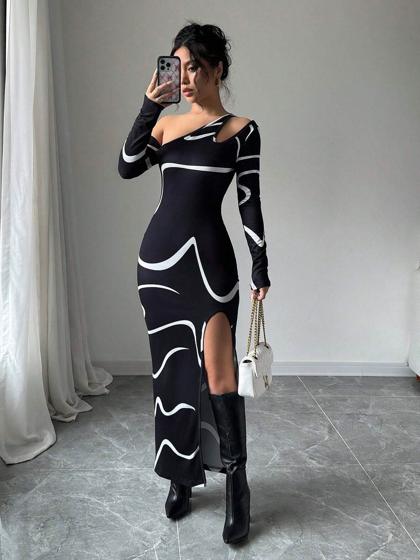 Chic Elegant Women Slash Shoulder Slim Graffiti Print Asymmetric Long Sleeve Slit Dress 7