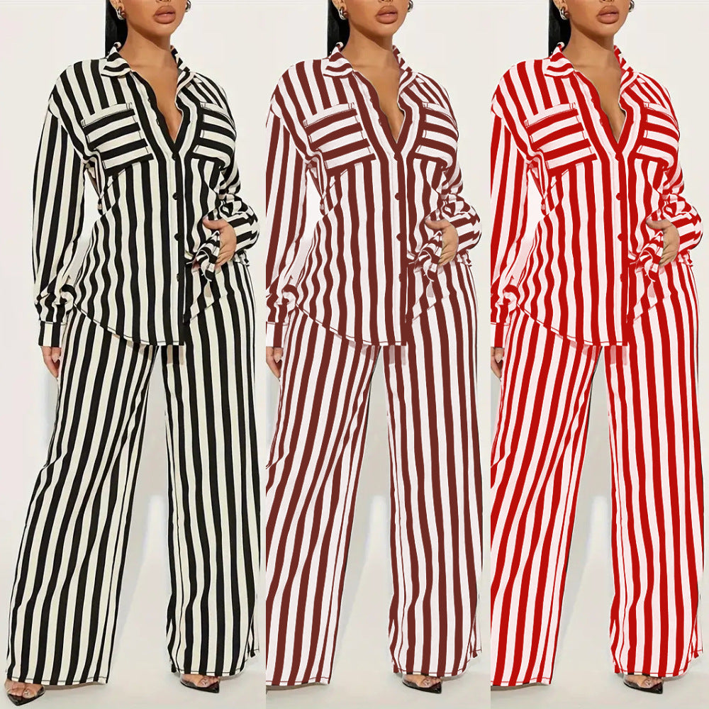 Women's Fashion Casual Long Sleeve Striped Shirt Pants Loose Two-piece Set