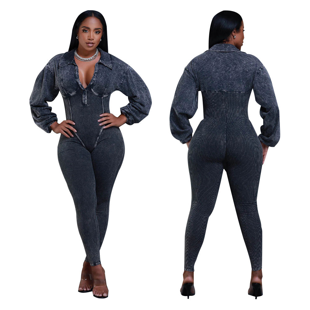 Autumn And Winter Women's V-Neck Long Sleeves Tight Fitting Patchwork Jumpsuit 7