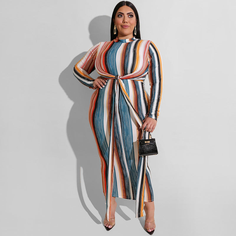 Multi-Color Stripes Tight Fitting Lace-Up Tie Winter Plus Size Women's Long Dress 3