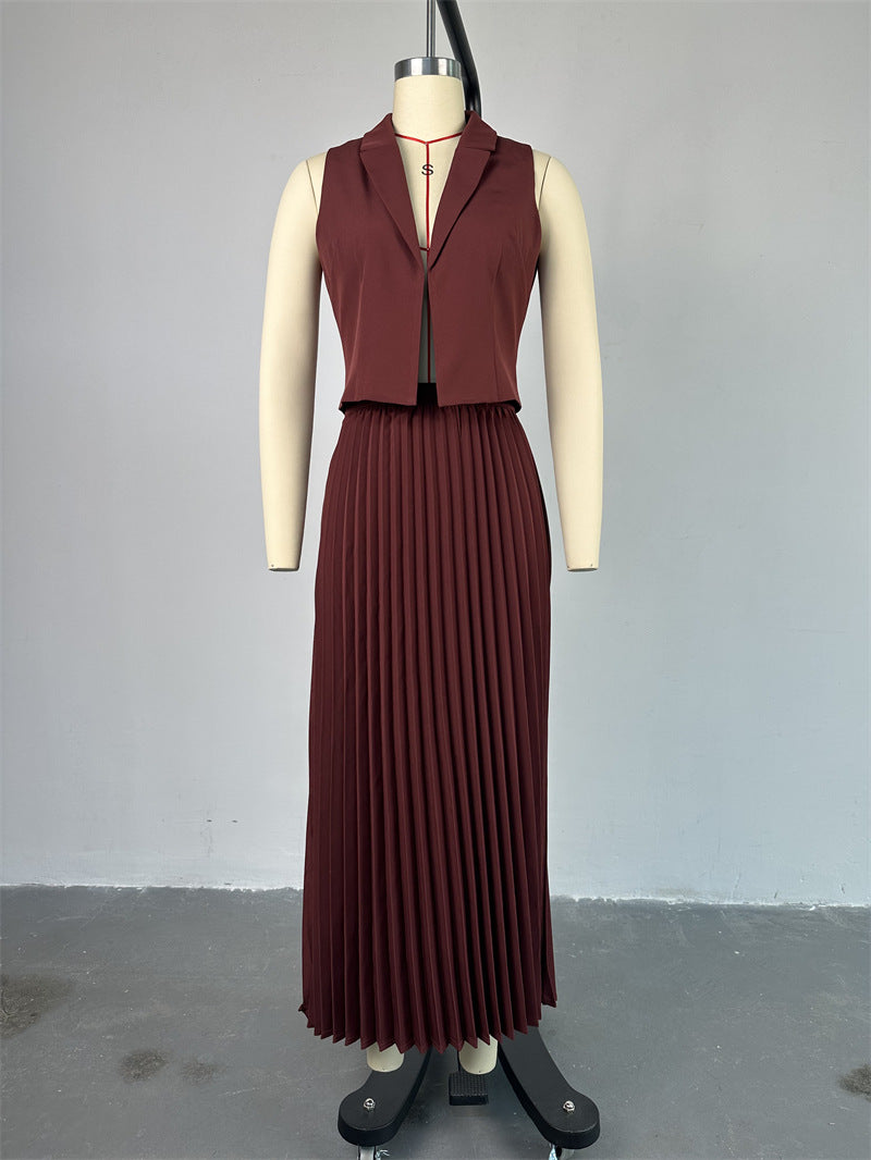 Women's Summer Turndown Collar Vest Top Pleated Skirt Suit 10