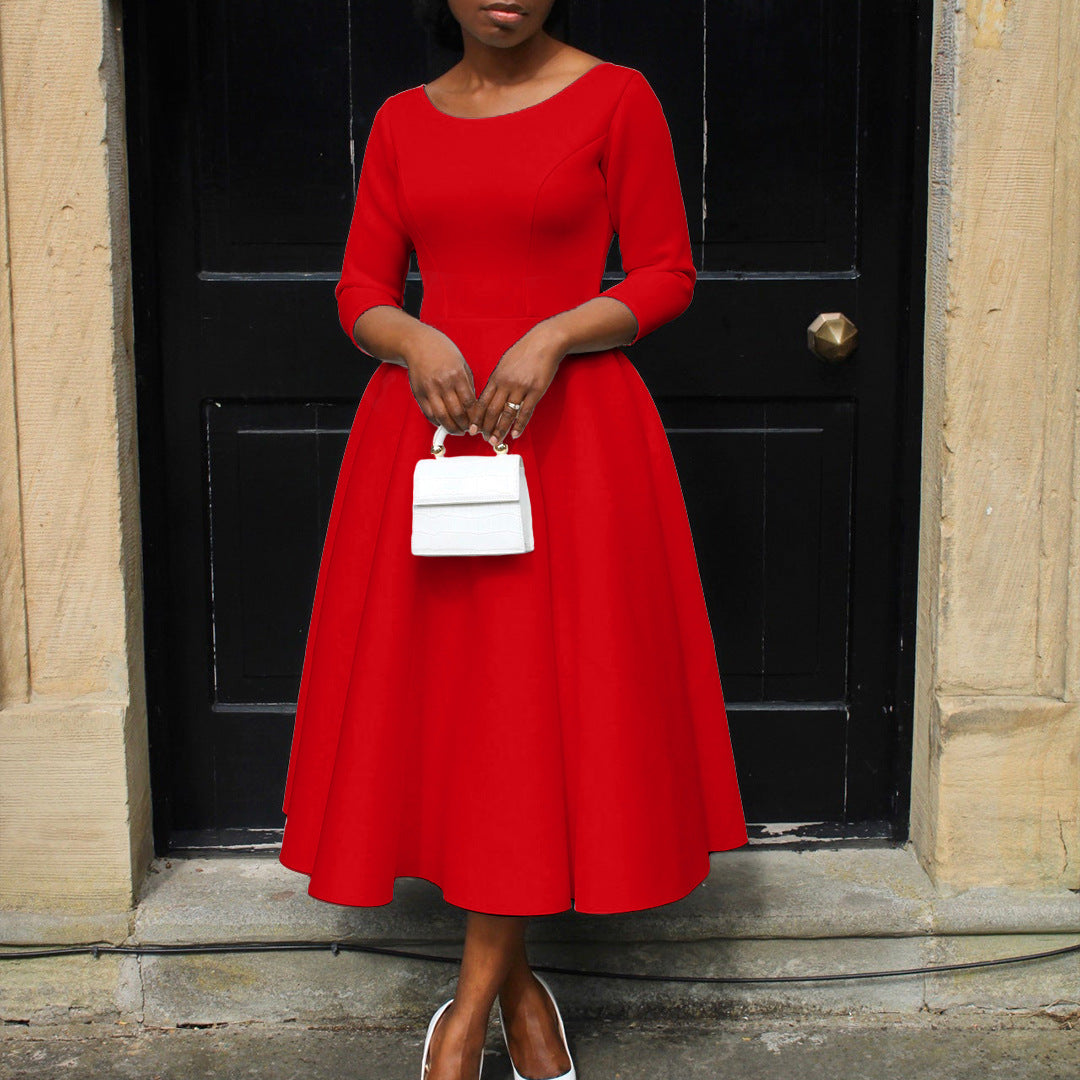 Women's Summer Solid Color Swing Dress Chic Evening Dress 5