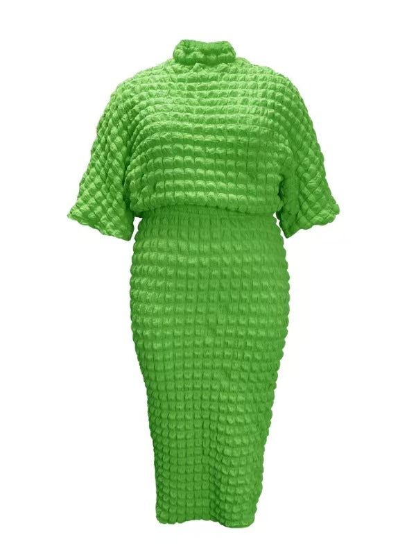 Plus Size Solid Color Bubble Bat Sleeves Top and Skirt Two-Piece Set 12