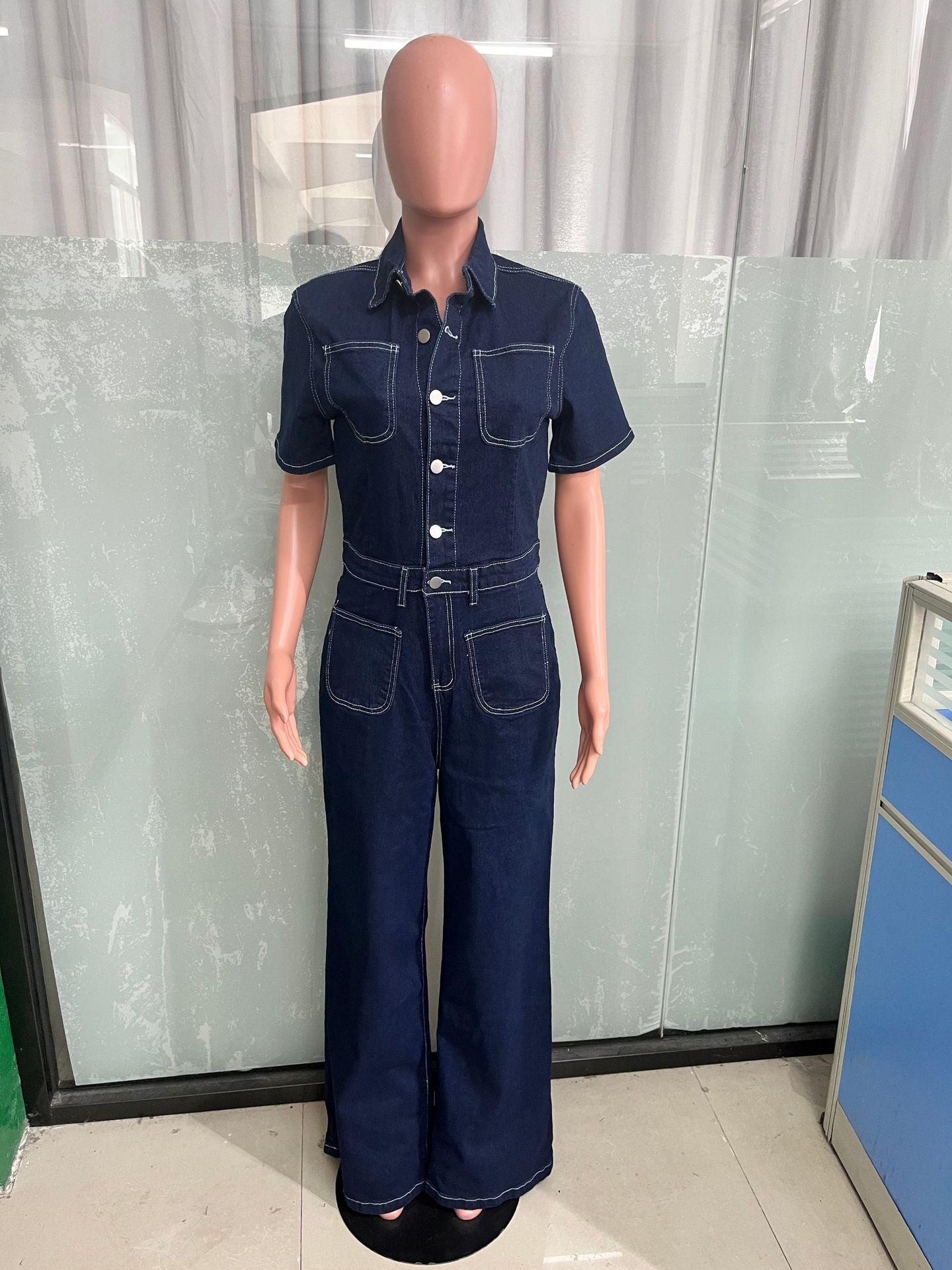 Short Sleeve Washed Denim Wide-Leg Jumpsuit 6