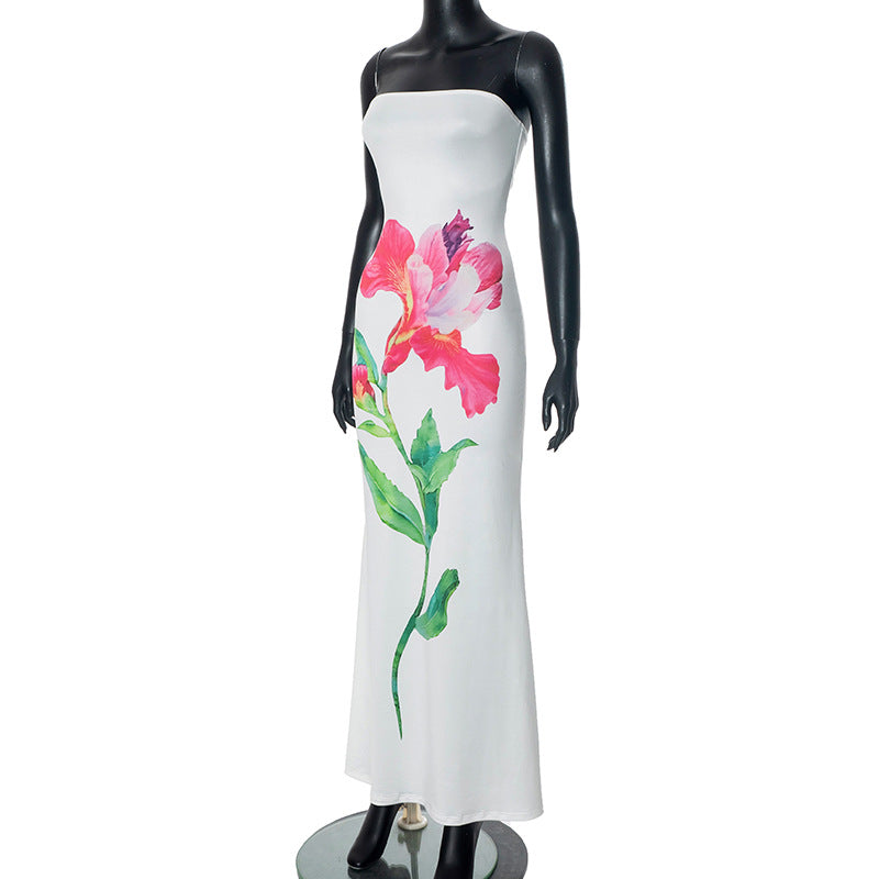 Holiday Style Flower Print Contrast Color Low Back Strapless Long Dress 9