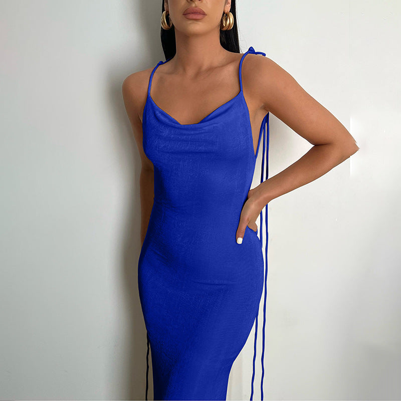 Sexy Slim Long Dress Lace up Low Back Bodycon Long Dress Women 4