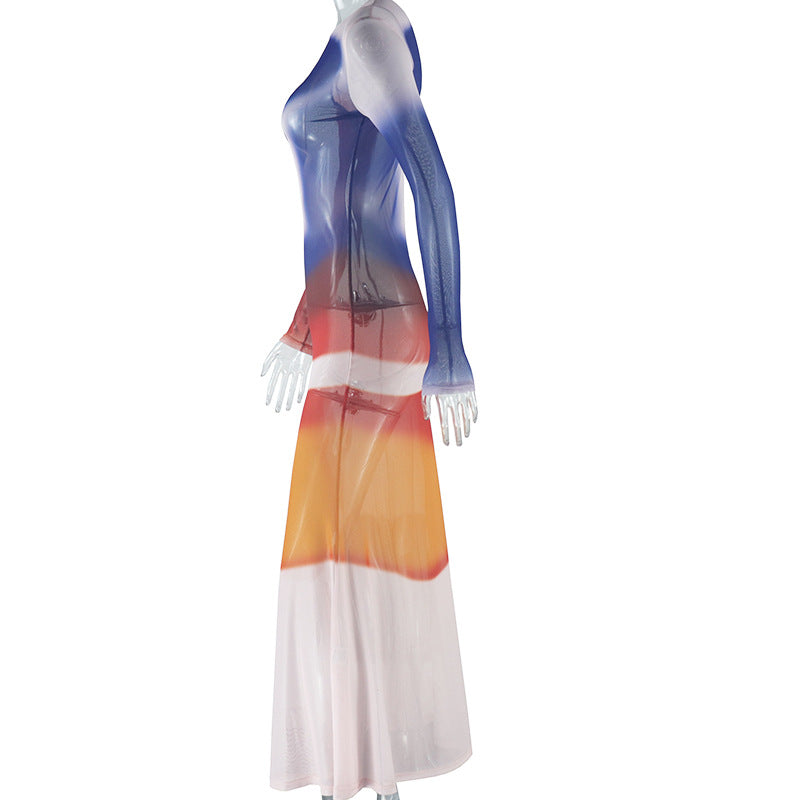 Women Printed Contrast Round Neck Long Sleeve Bodycon Dress 7