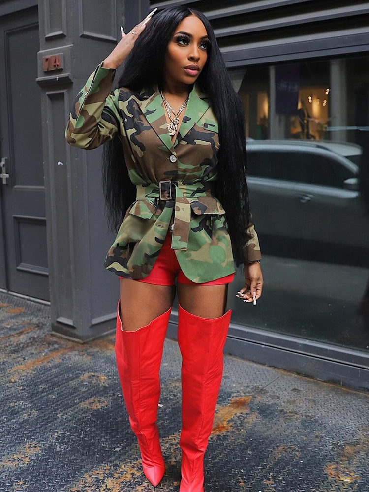 Women Camouflage Blazer Jacket with Belt 5