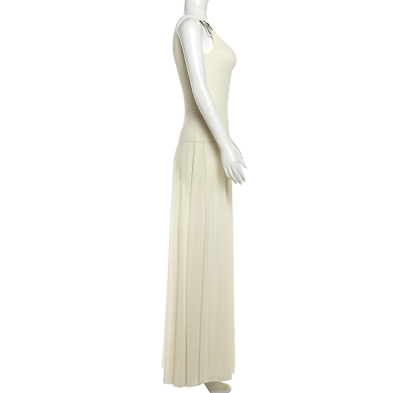 Spring Sexy Slim V-Neck Low Back Strap Long Mesh Dress 7