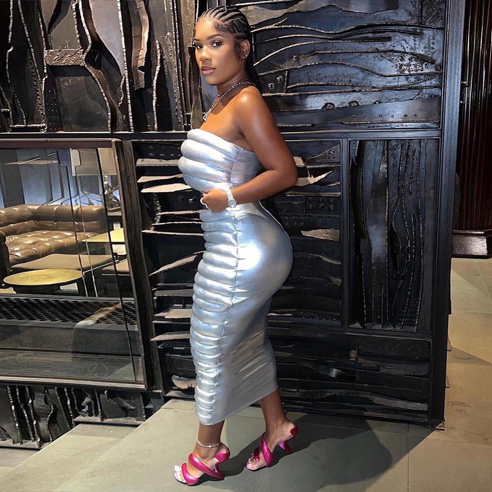 Winter Women's Sexy Cotton-Padded Crop Strapless Top Slim Long Skirt Two Piece Set 4