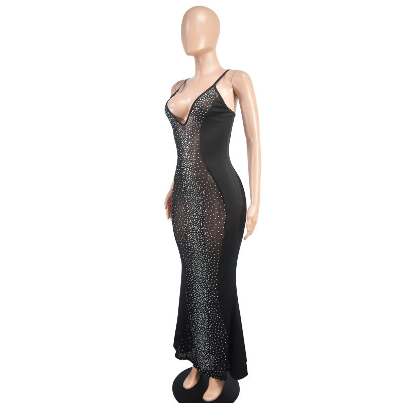 Women's Sexy See-Through Mesh Sleeveless Deep V Beaded Nightclub Party Dress 8