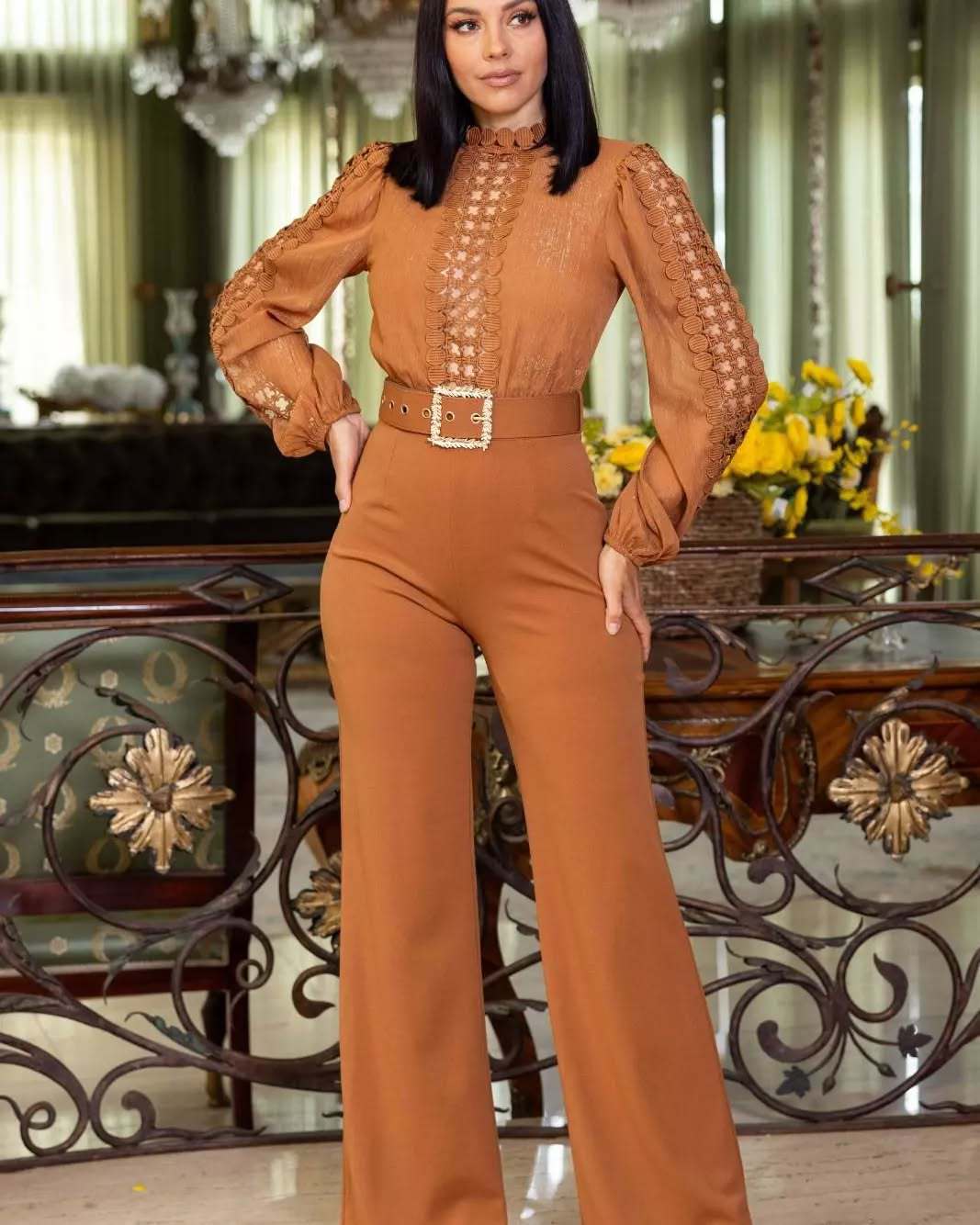 Women Elegant Lace Patchwork Lace-Up Wide-Leg Jumpsuit 37