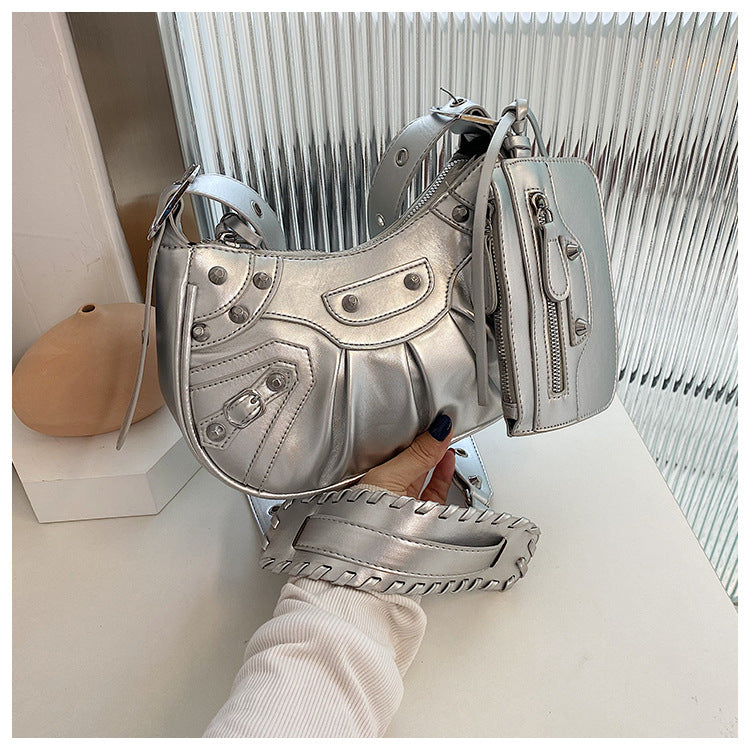 Diagonal pleated single shoulder women's retro rivet bag 57