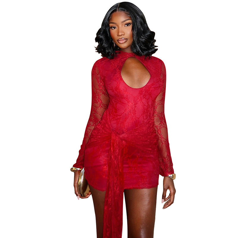 Autumn Women's Solid Color Lace-Up Sexy Lace Long Sleeve Ribbon Short Dress 10