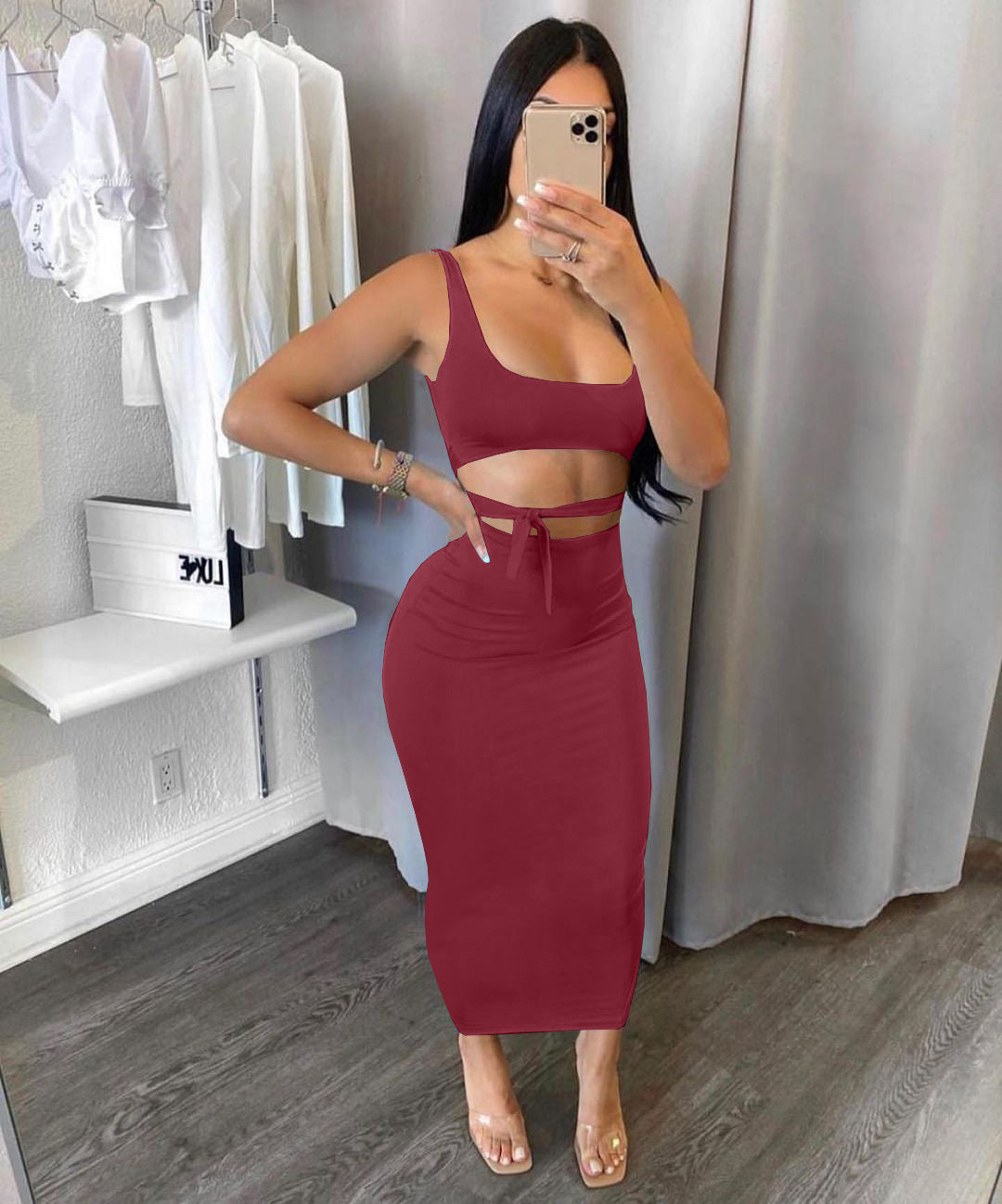 Women's Spring Summer Solid Color Strap Slim Two Piece Skirt Set 8