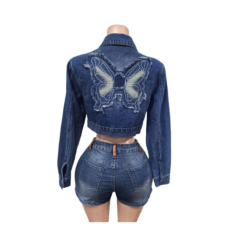 Women Embroidered Butterfly Appliqué Long-Sleeved Denim Embroidered Top 10