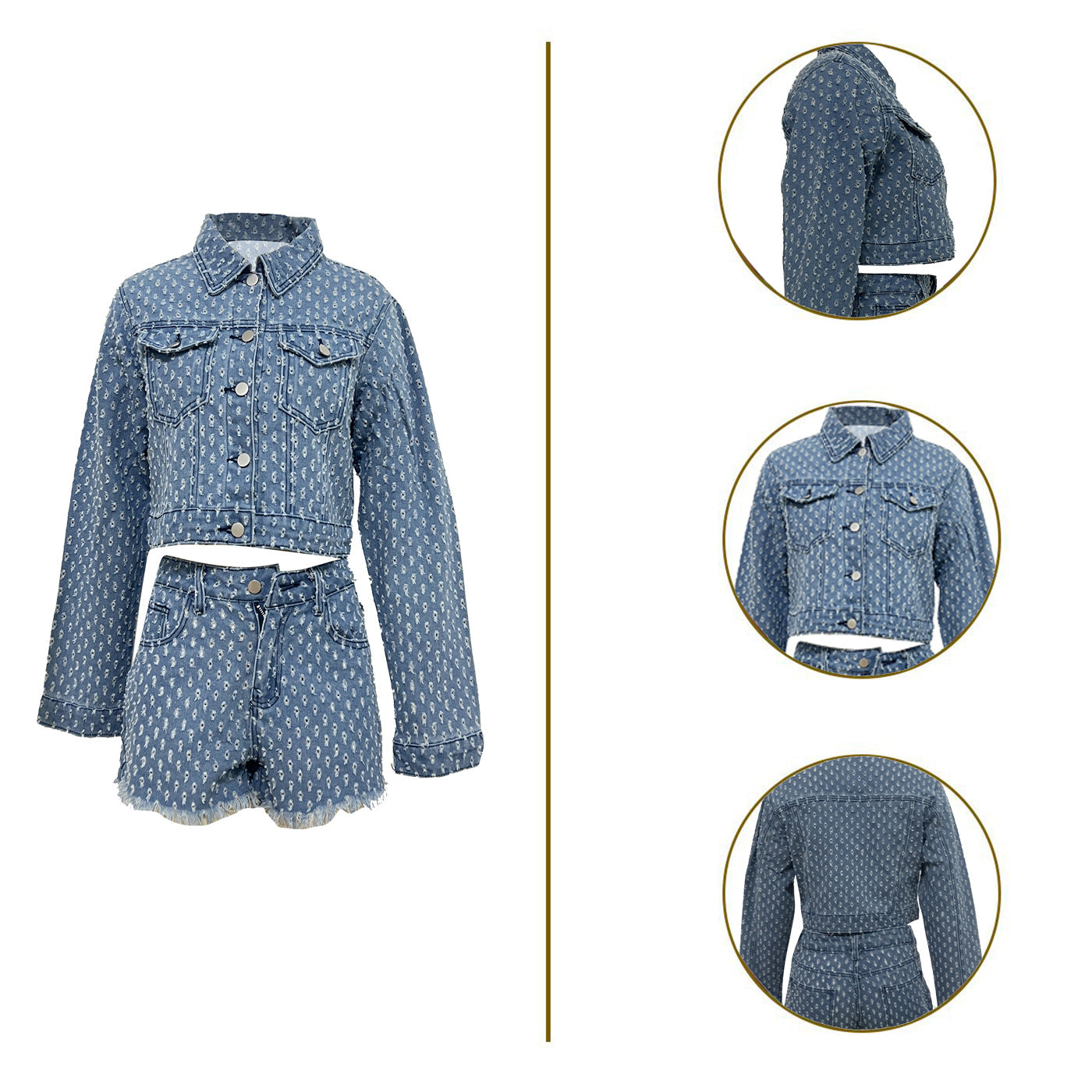 Women Casual Ripped Denim Top and Shorts Set 9