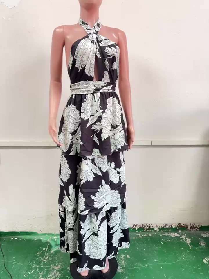 Women Spring Summer Sexy Printed Cascading Ruffles Dress 8