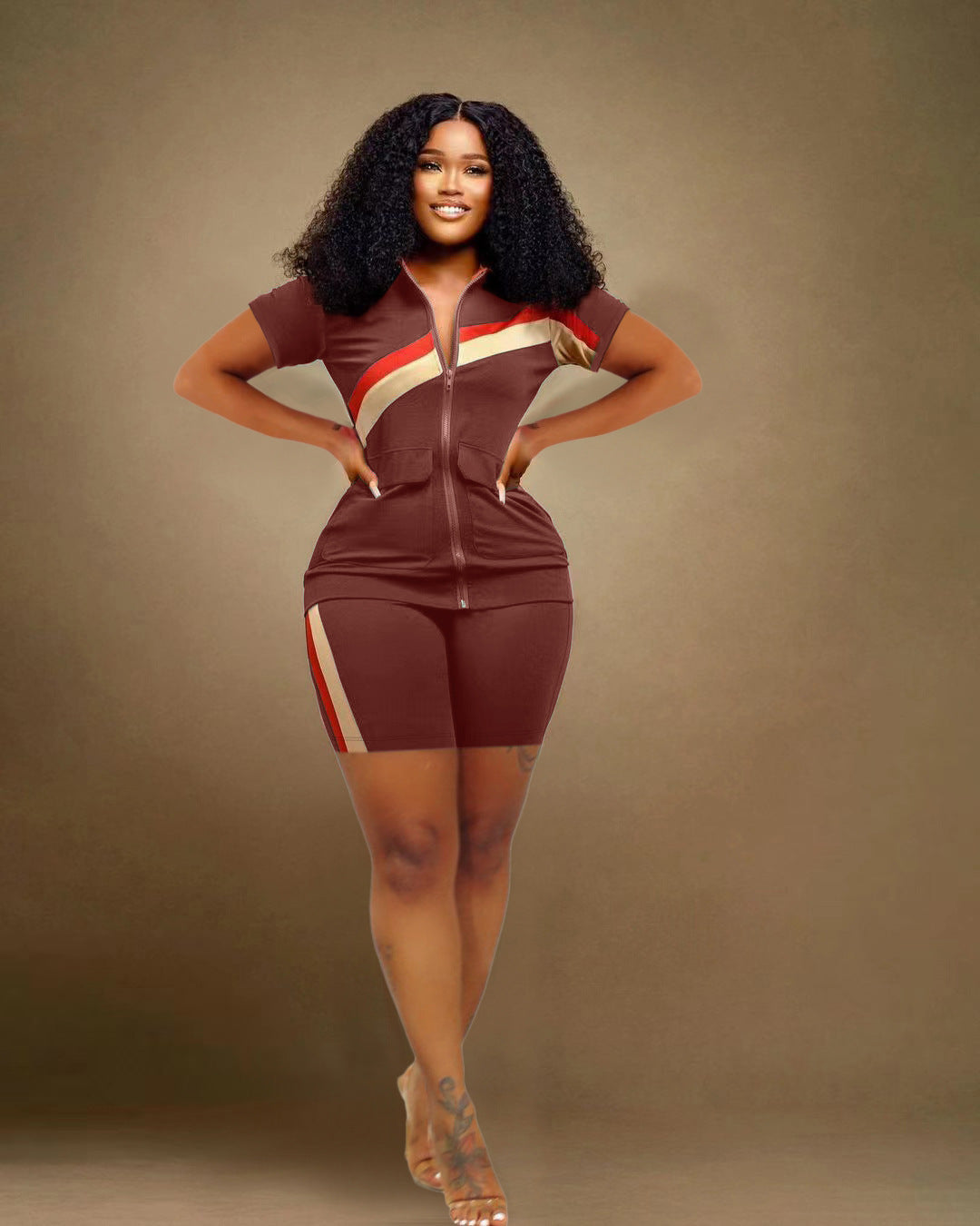 Women's Sports Casual Fashion Zip Pocket Top Shorts Two-Piece Set 8