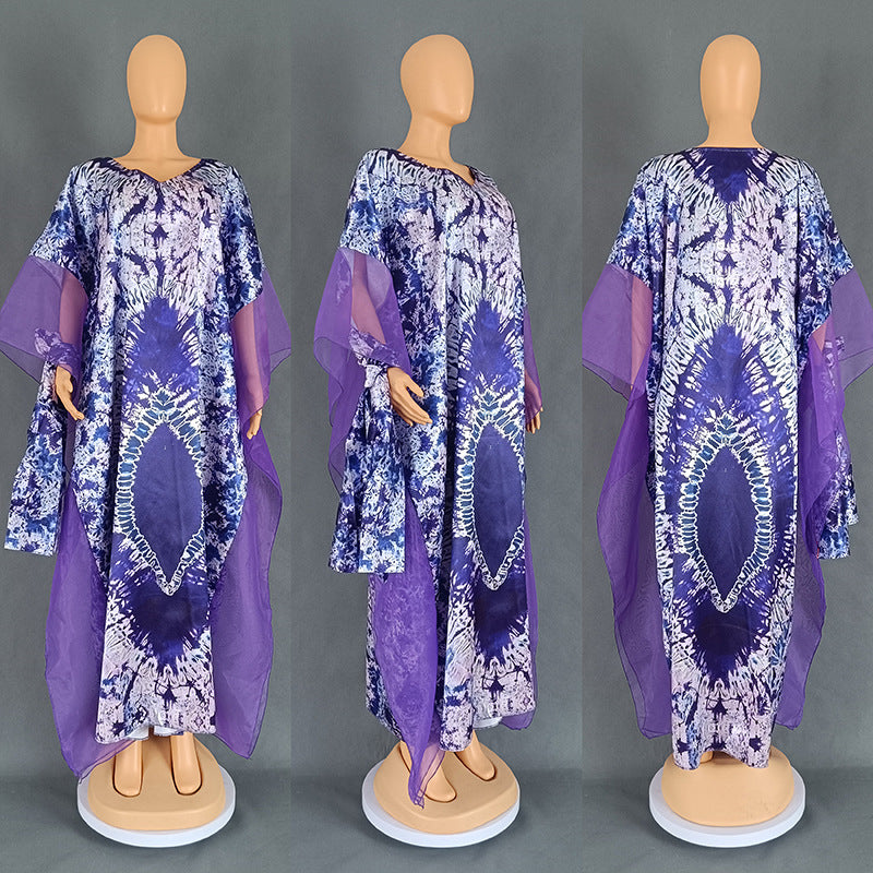 Women's clothing African long robe mesh print dress with headscarf 14