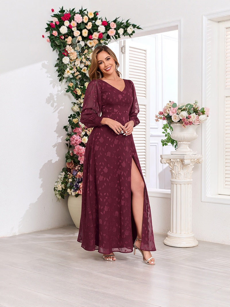 Autumn Long-Sleeve Double V-Neck High-Slit Lace Formal Dress with Full Lining 5
