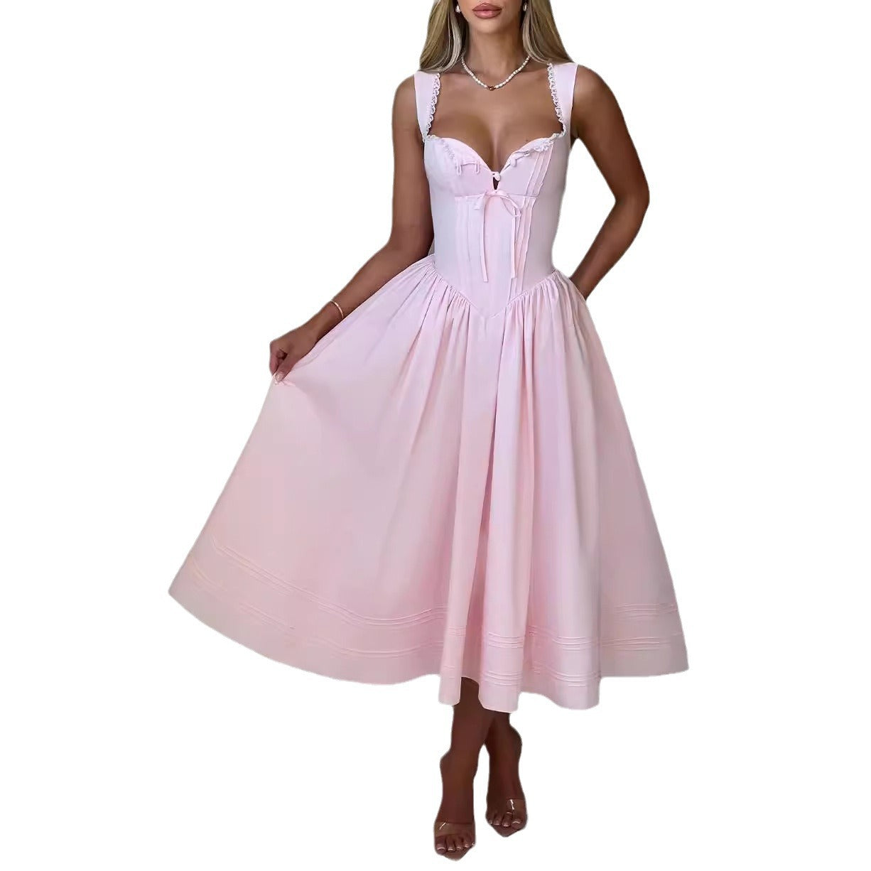 Lace Patchwork Strap Slim Low Back Puffy A-line Dress 5