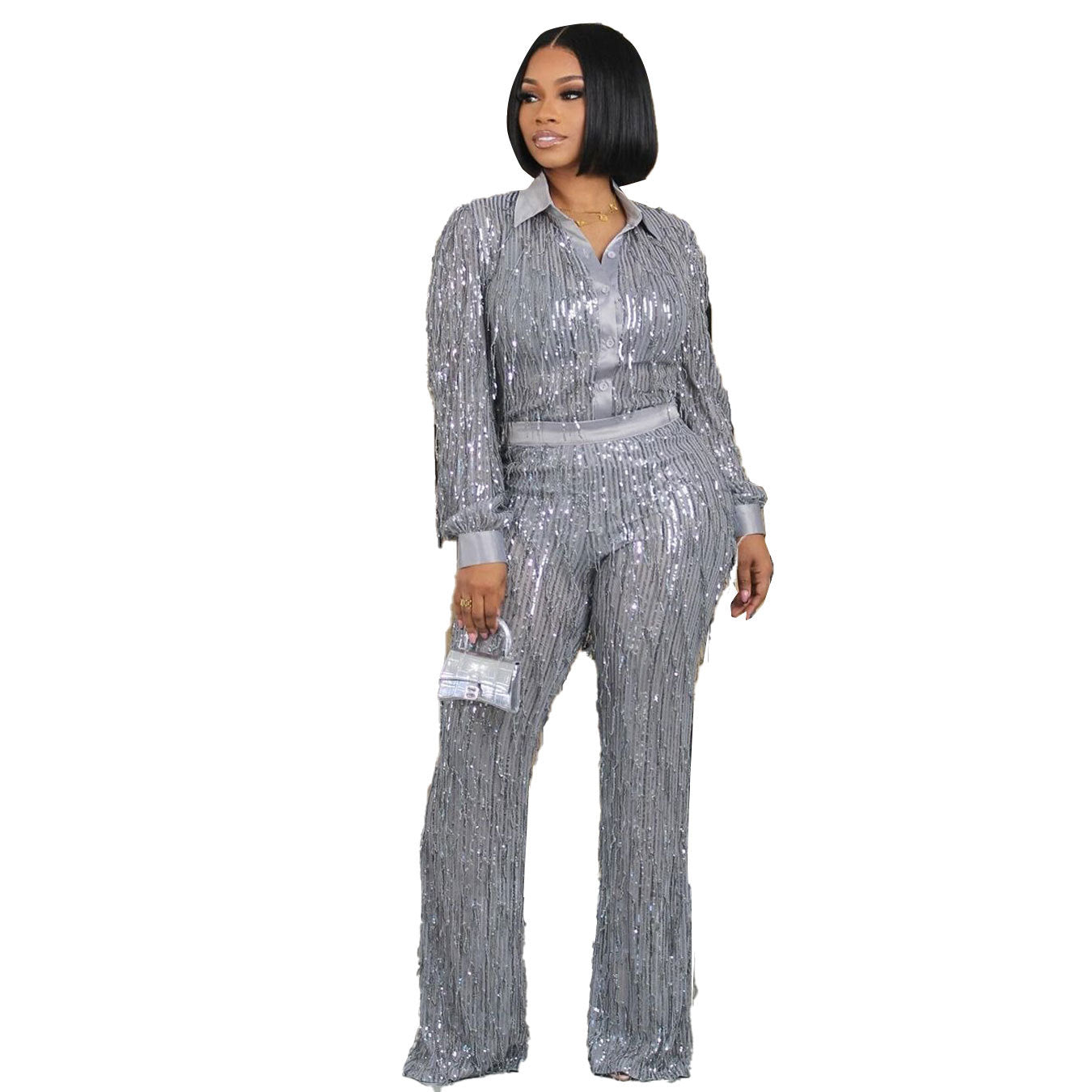 Women sexy fringed sequin See-Through long-sleeved shirt and pant two-piece set 9
