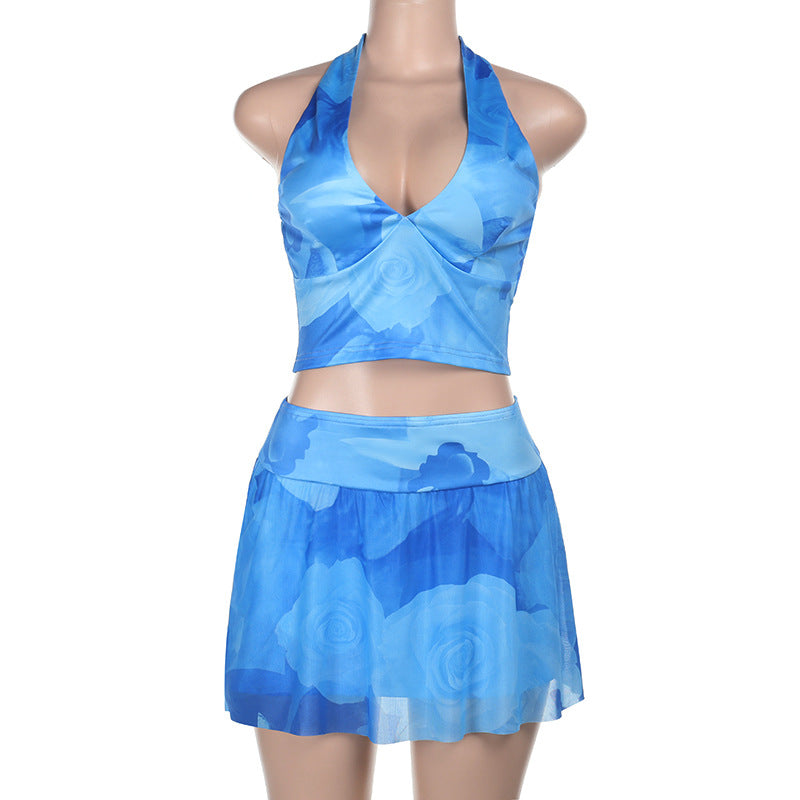 Sexy Holidays Printed Halter Neck Straps Top  & Mesh Skirt Set 6