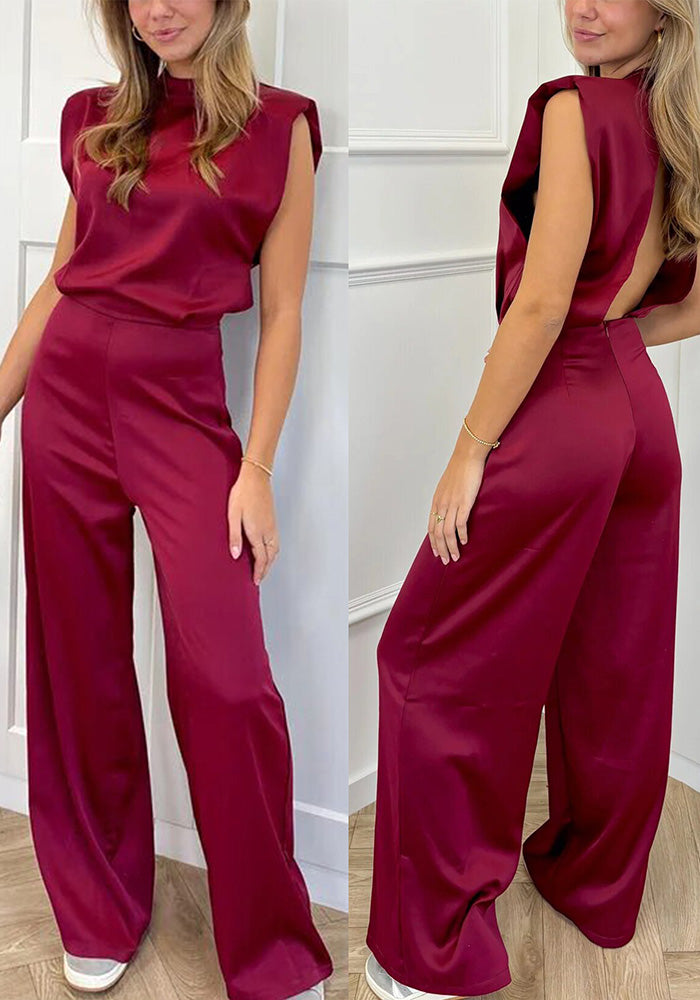 Summer women's clothing solid color Stand Collar sleeveless loose satin Low Back wide-leg jumpsuit