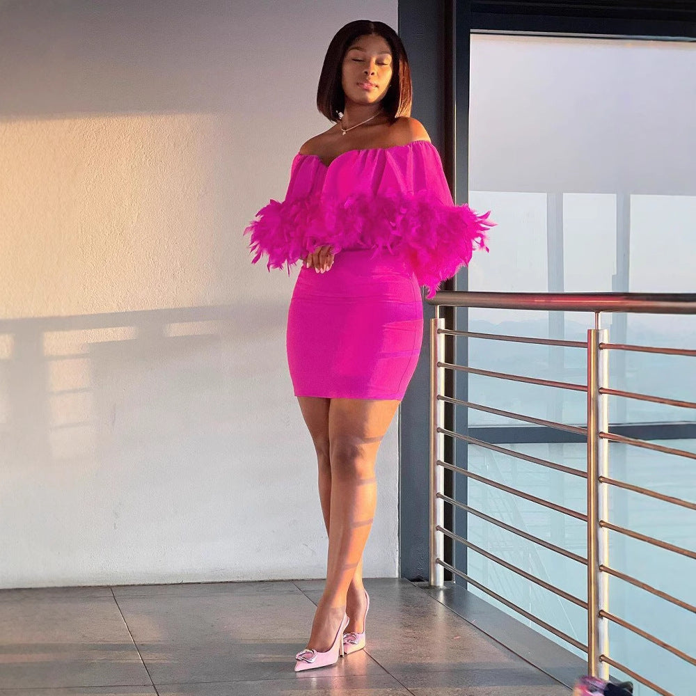 Sexy Off Shoulder Feather Elastic Bodycon Slim Dress