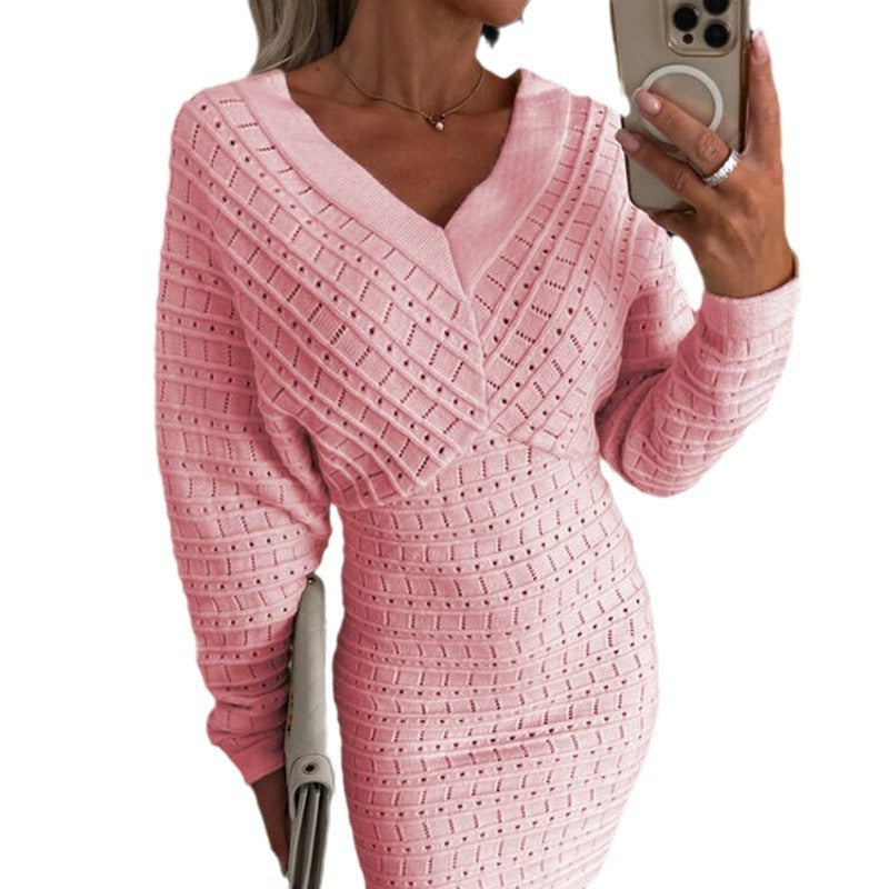 Women V Neck Long Sleeve Kintting Dress 6