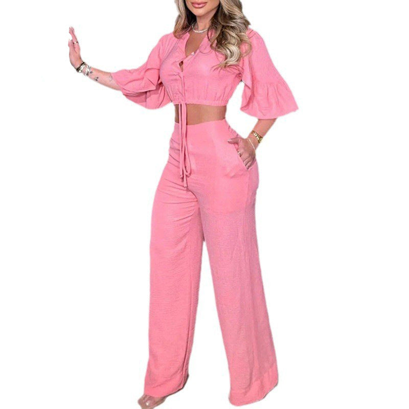 Women Autumn V-neck Bell Bottom Sleeve Tie Top and Wide Leg Pants Casual Two-piece Set 6